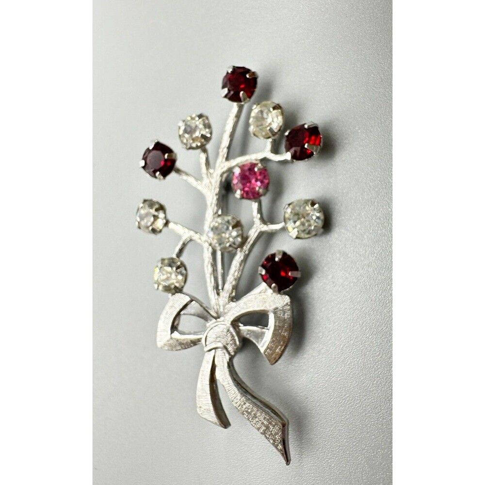 Vintage Sterling Silver Flower Bow Tied Bouquet Brooch Pink Red White Stones TK